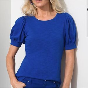 Chico’s Slub Top Size 1 (8) Blue Short Sleeve